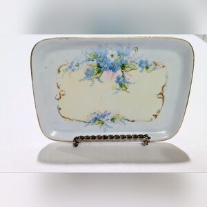 Antique IT UNO Favorite Bavaria Porcelain Tray — Forget-Me-Not Floral, Gold Trim